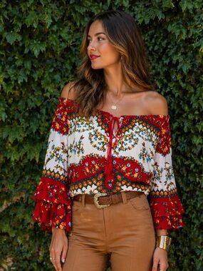 BILA Bohemian Tassel Tie Indian Block Print On/Off the Shoulder Blouse, S
